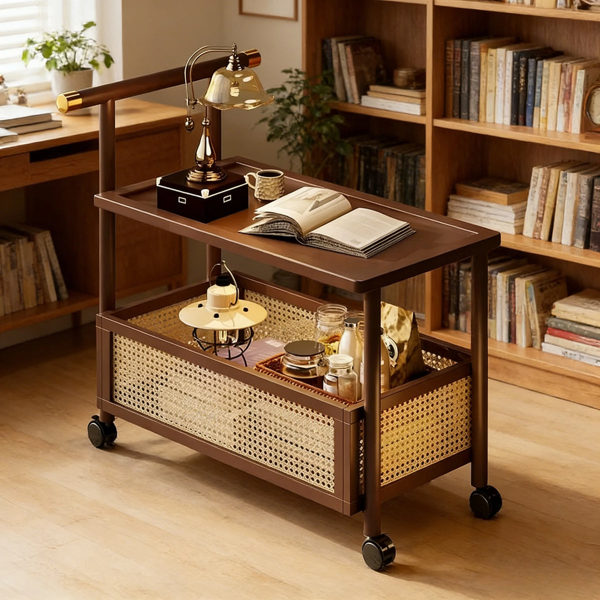 Walnut tone cane tea trolley beside a bookcase