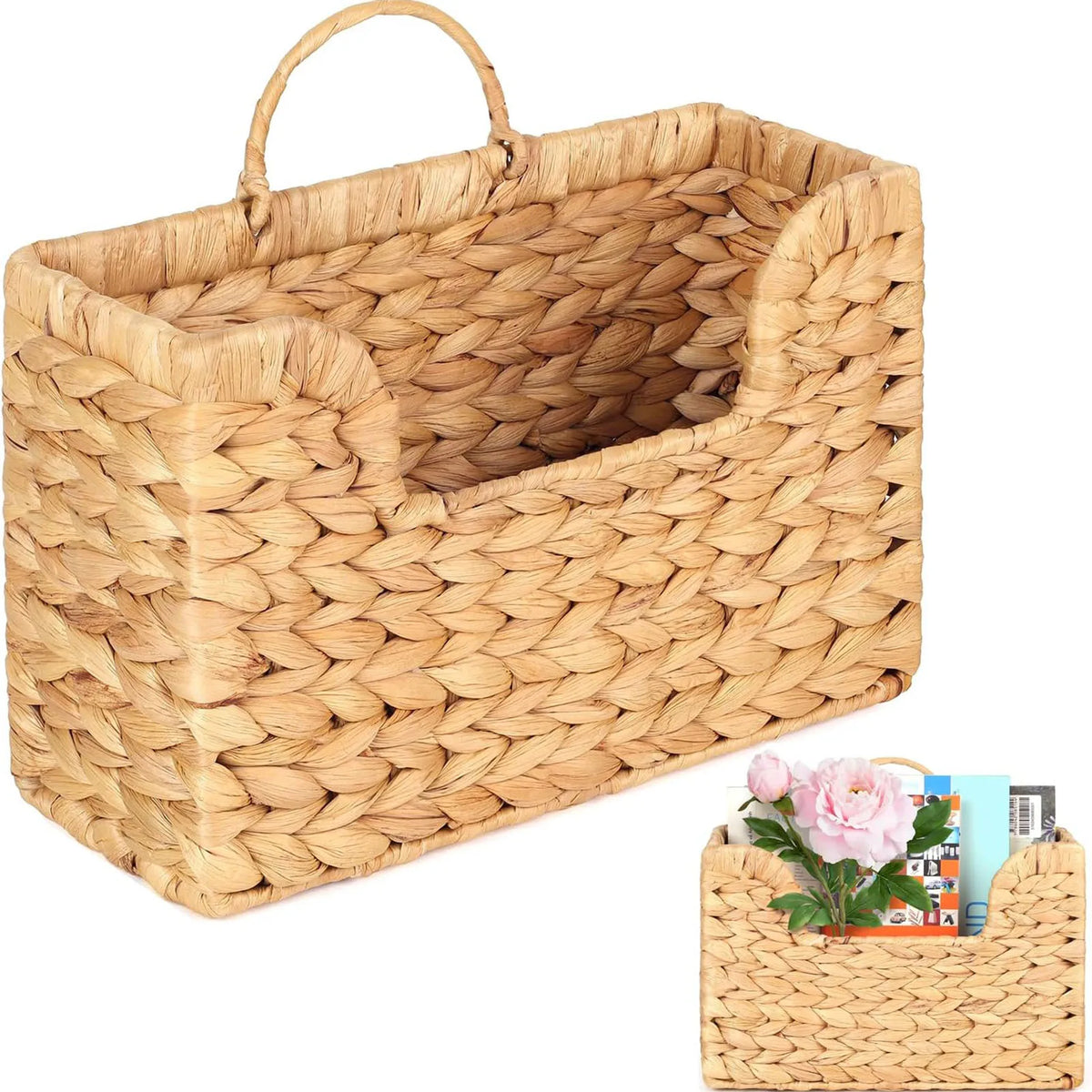 Woven natural plant fibre wall hanging basket on white