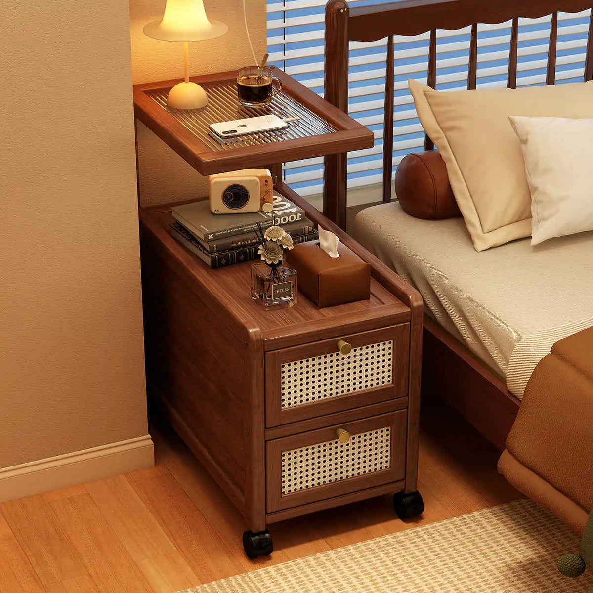 Bedside table with tray top on castors