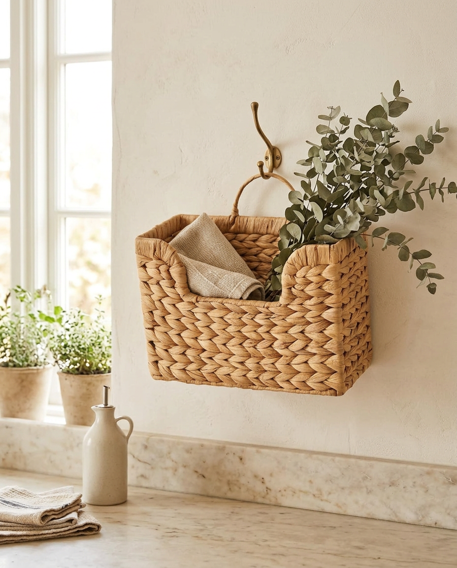Woven wall basket with a linen tea towel on a kitchen wall