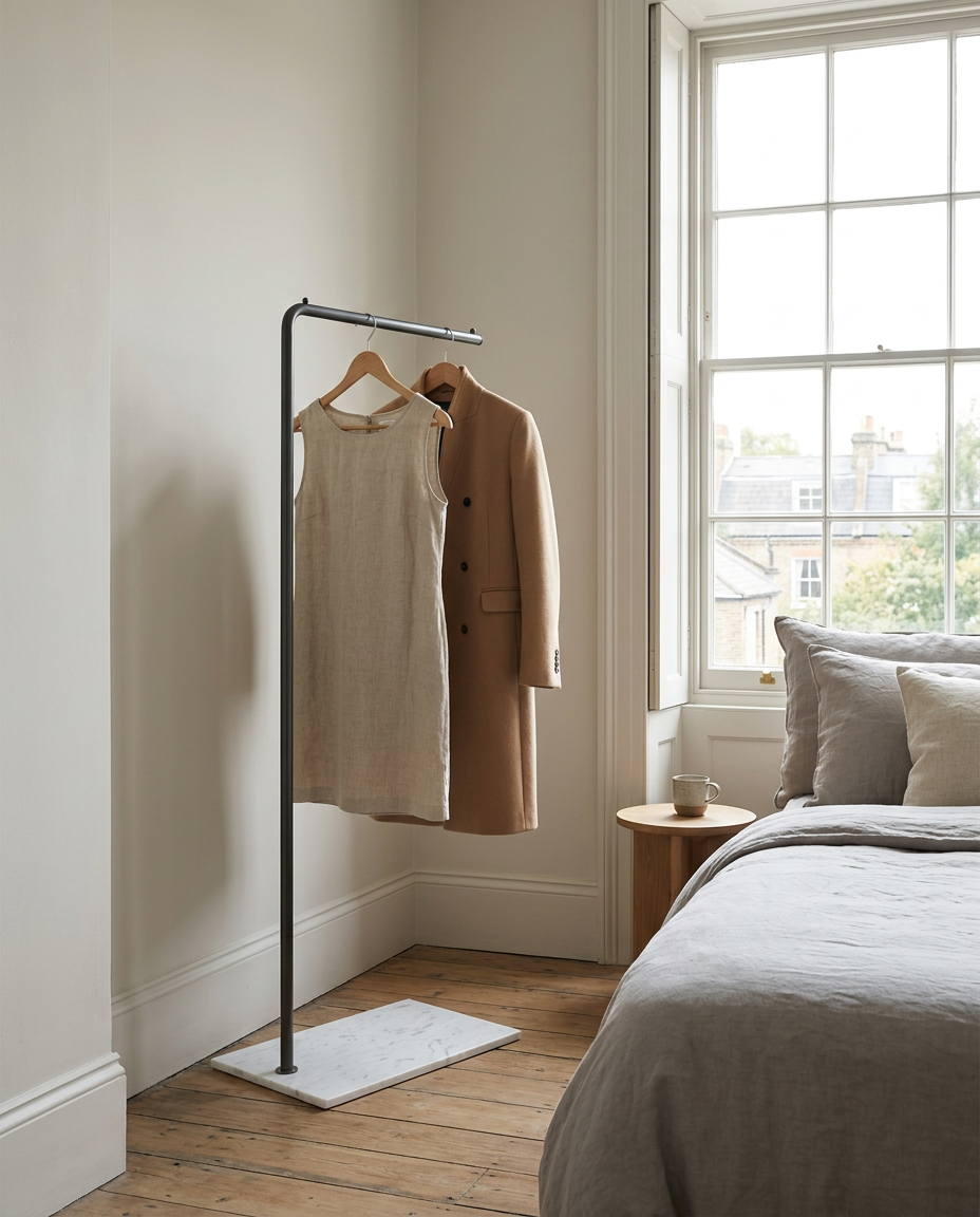 Slim metal clothes rail with a linen dress and wool coat in a Georgian townhouse bedroom