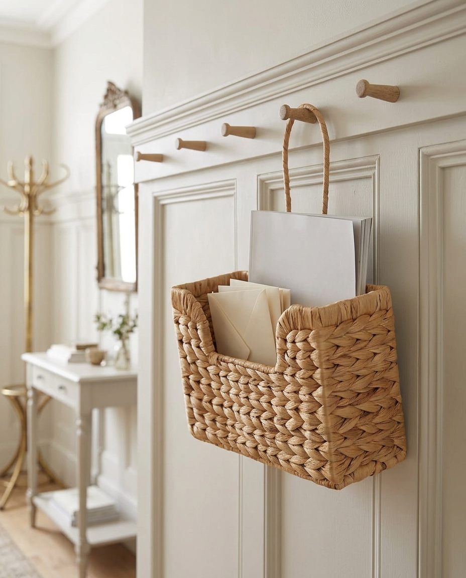 Woven wall basket holding post on a peg rail in a panelled hallway