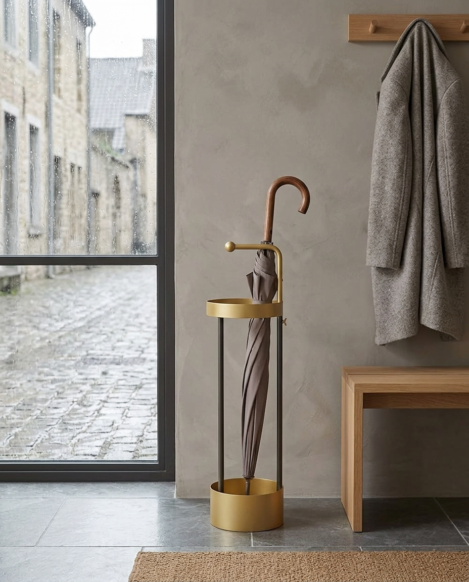 Slim metal umbrella stand in a calm limewashed entryway