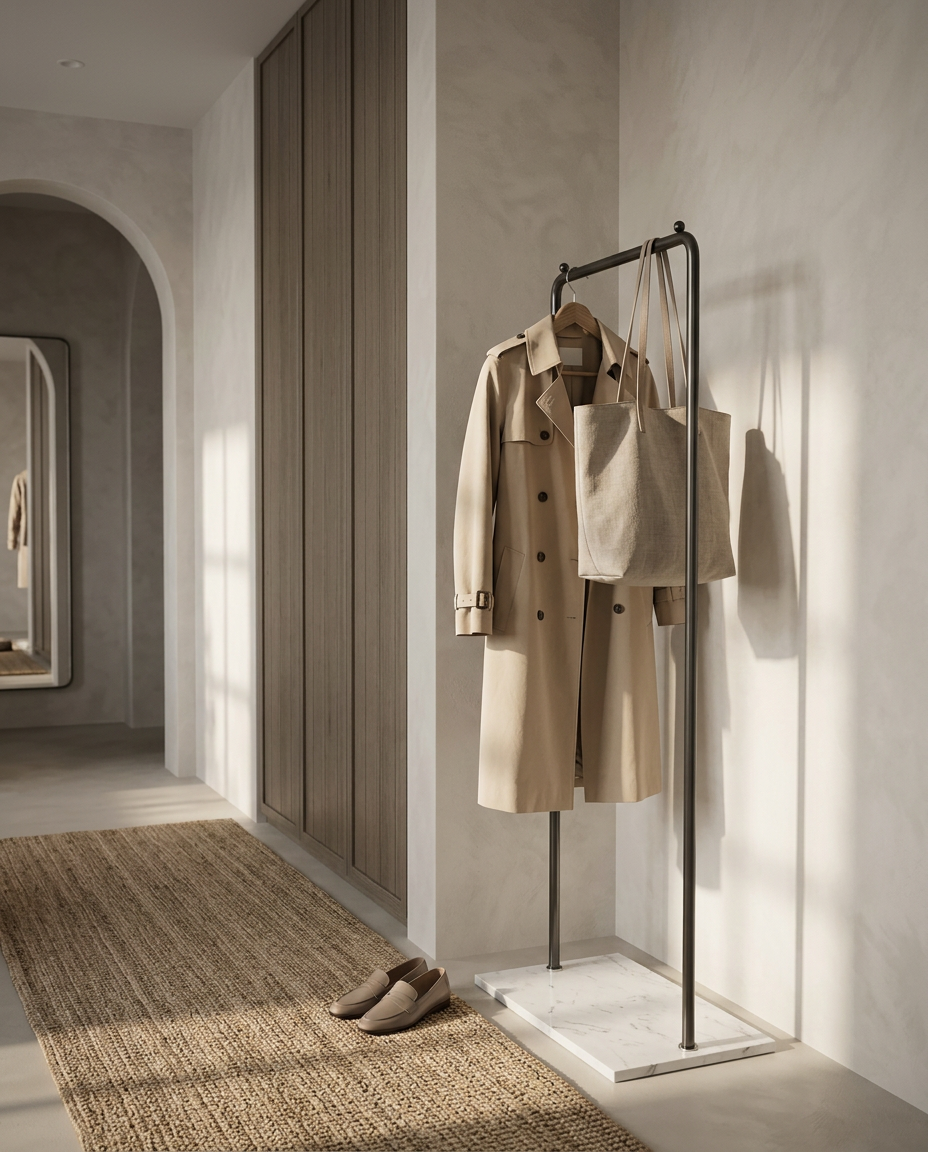 Slim metal clothes rail with a trench coat in a limewashed hallway