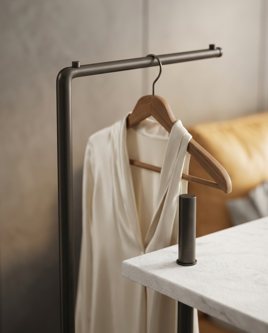 Close-up of the slim clothes rail's hanging bar and white base