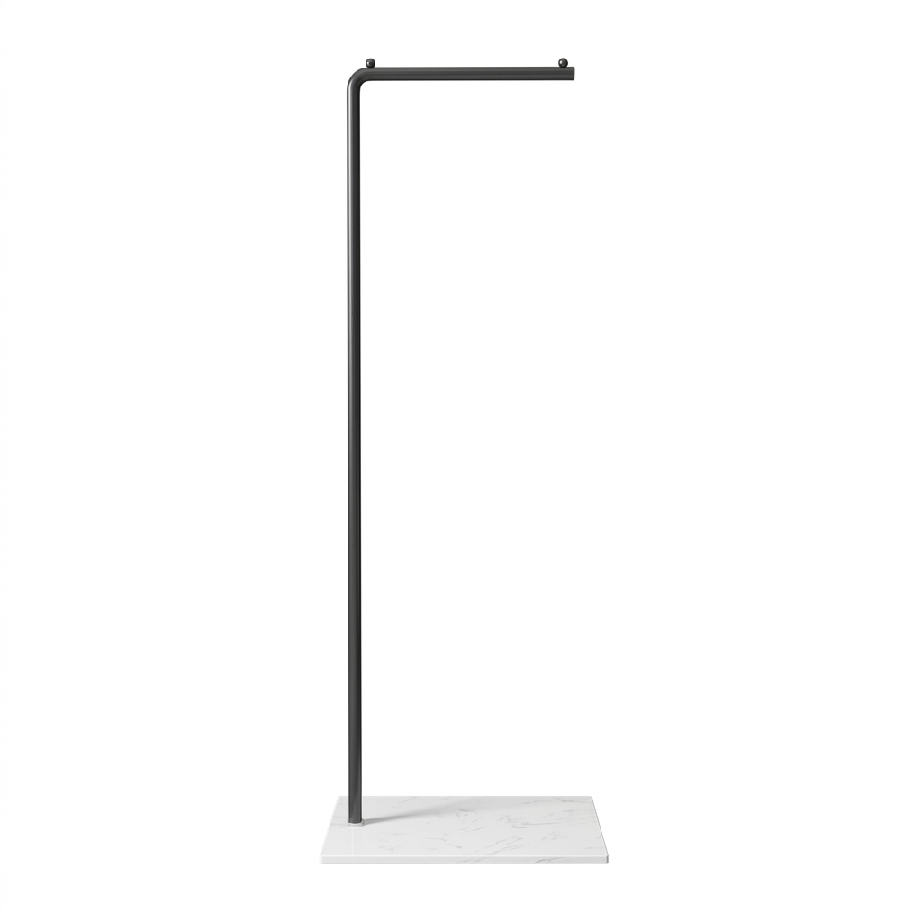Slim black metal clothes rail with flat white base on a plain white background