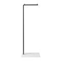 Slim black metal clothes rail with flat white base on a plain white background