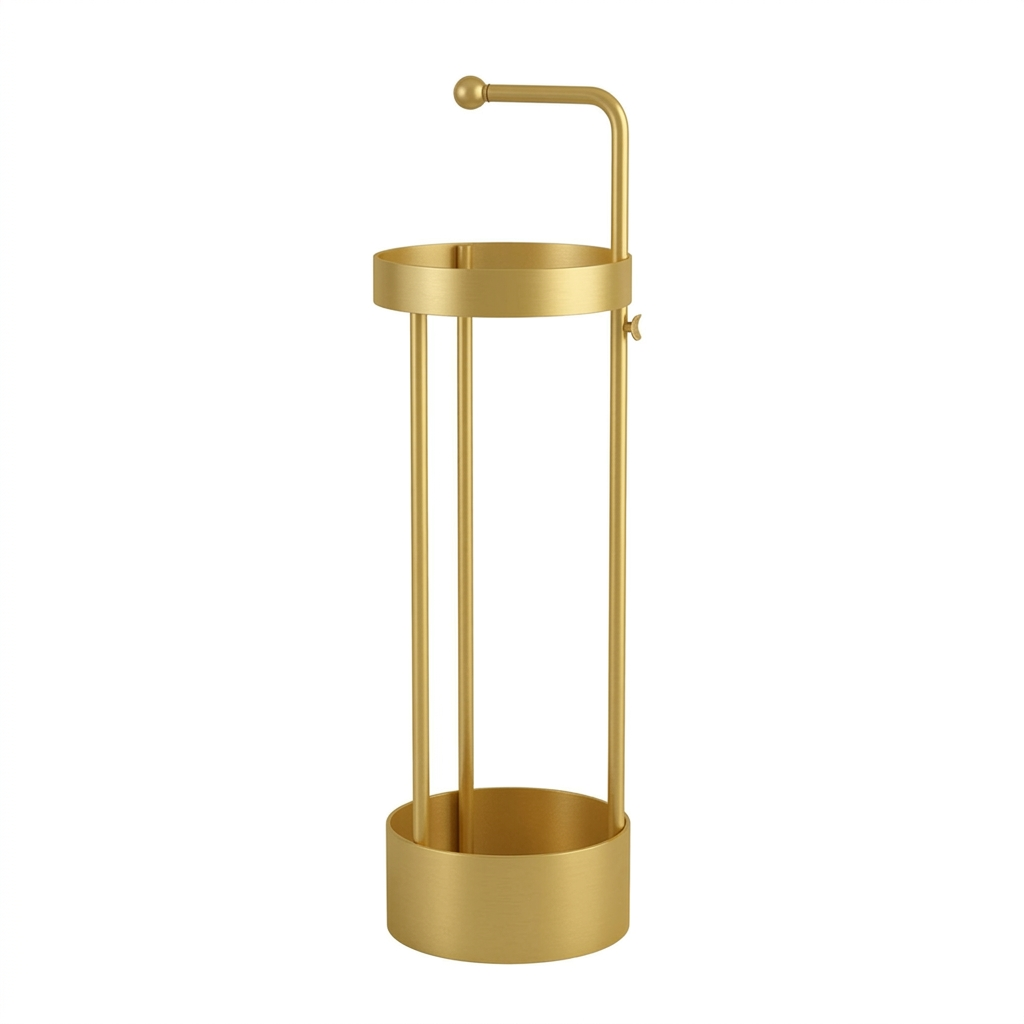 Slim metal umbrella stand on a plain white background