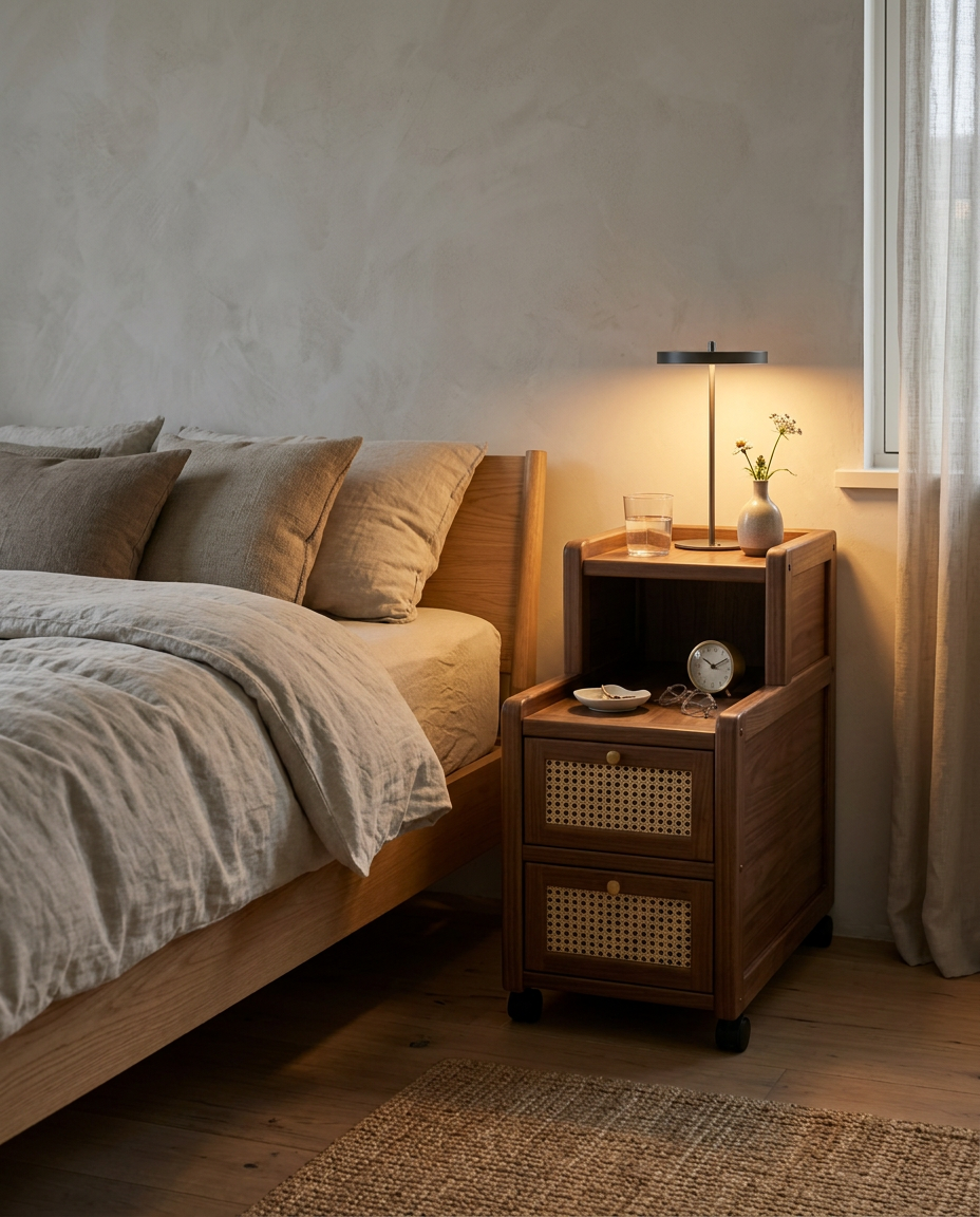 Narrow bedside table beside a low oak bed in a limewashed bedroom