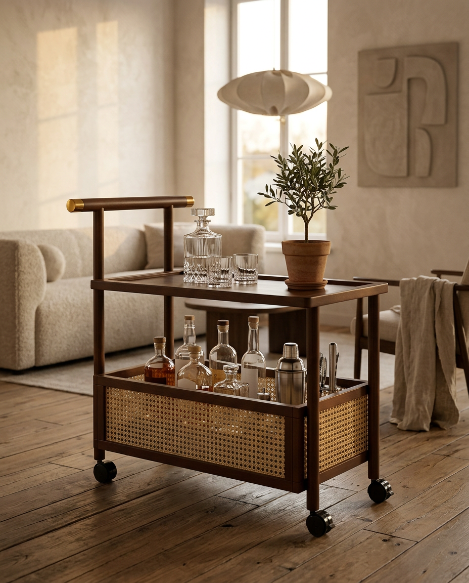 Tea trolley used as a drinks cart in a limewashed living room