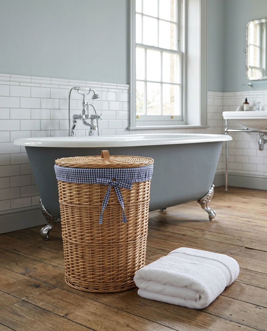 Lidded wicker laundry basket in a period bathroom with a roll-top bath