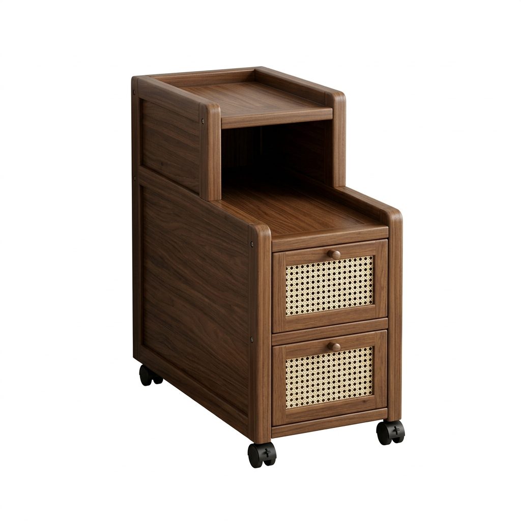 Narrow walnut tone bedside table with rattan drawers on a plain white background