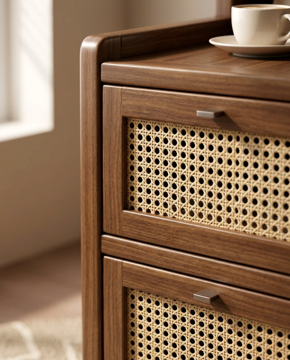 Close-up of a woven rattan drawer front and walnut tone frame