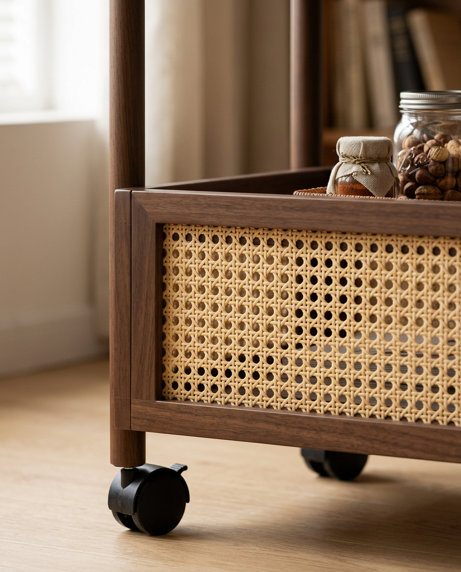 Close-up of the trolley's rattan side panel, walnut tone frame and castor