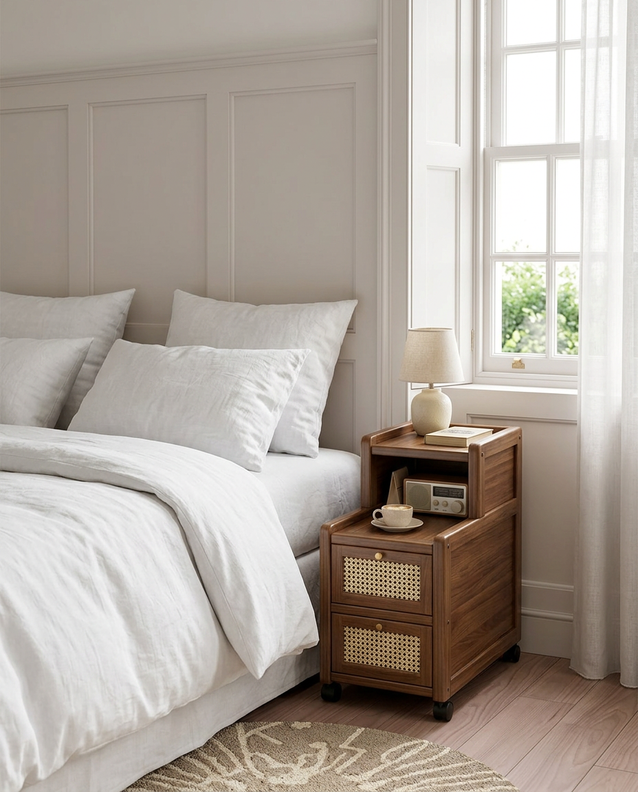 Narrow bedside table with a lamp beside a bed in a panelled Georgian bedroom