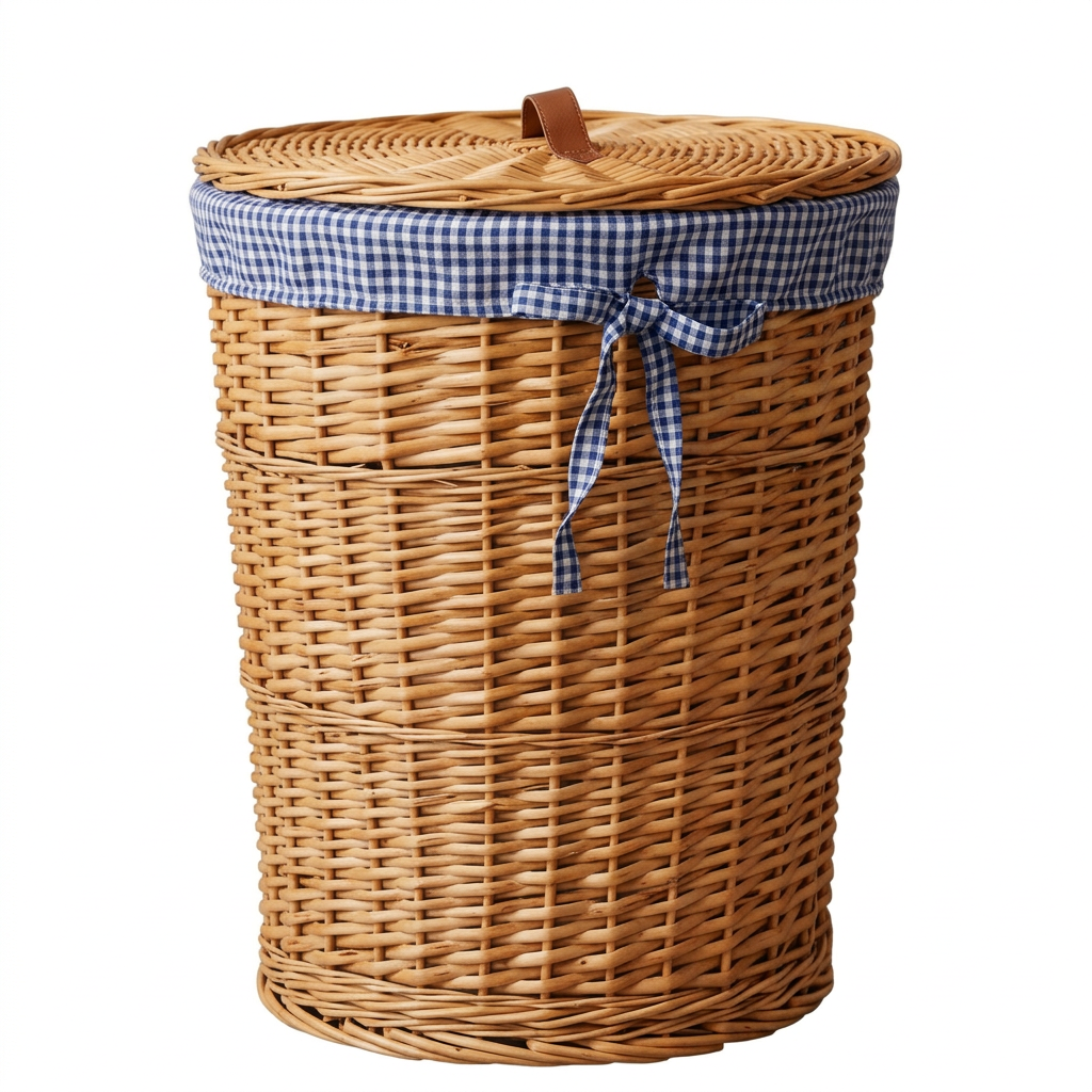 Lidded wicker laundry basket with blue check liner on a plain white background