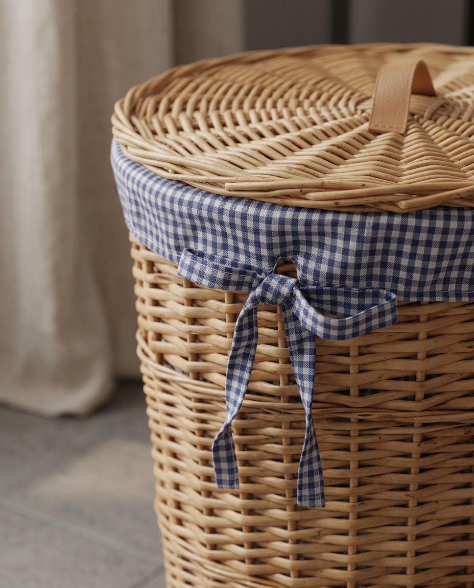 Close-up of the wicker weave and blue check liner tied at the rim