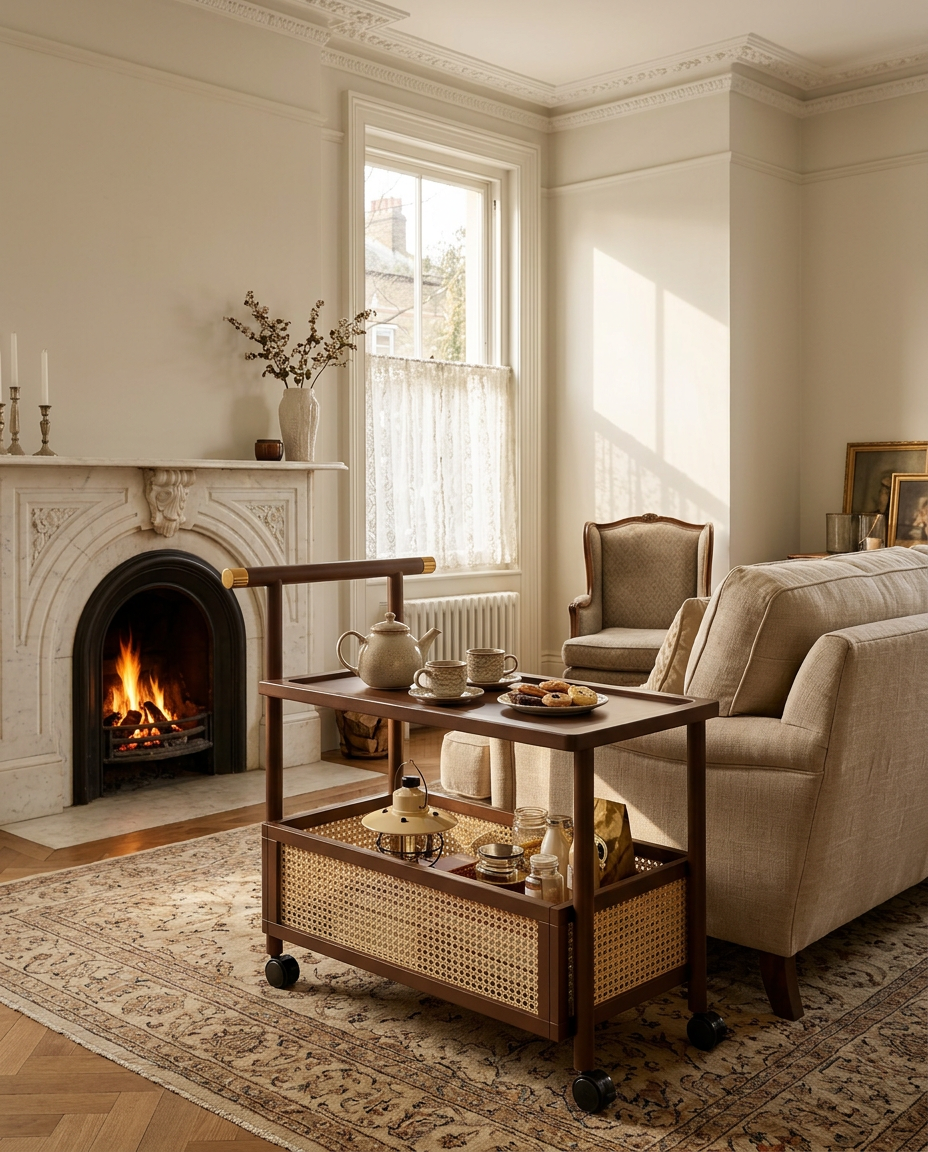 Tea trolley set with a teapot and cups beside a sofa in a Victorian sitting room