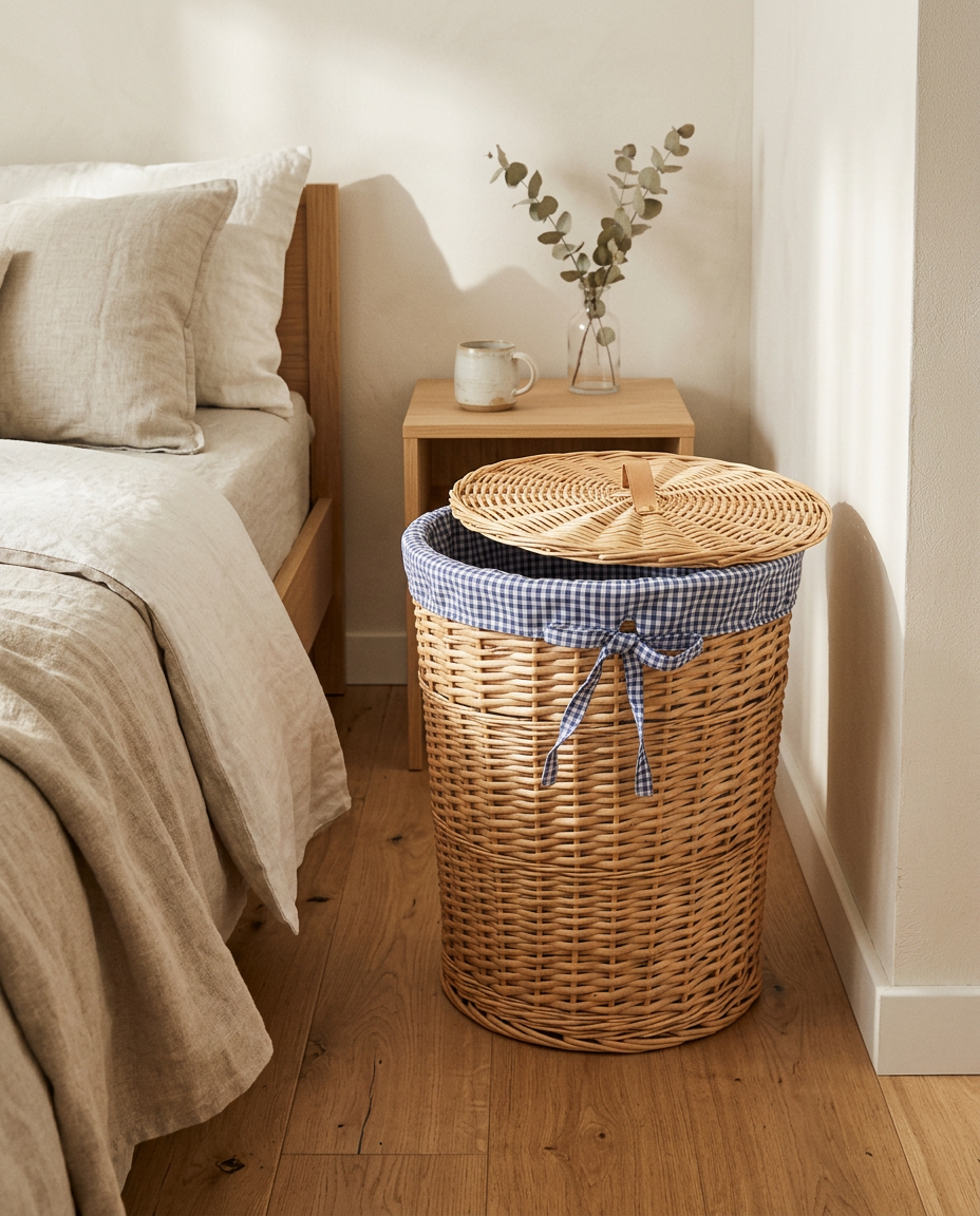 Wicker laundry basket with lid open beside a linen-covered bed