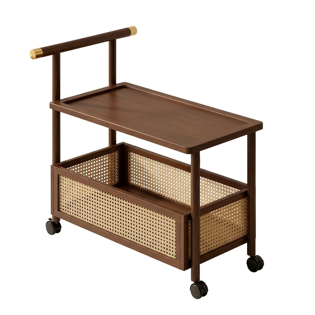 Two tier walnut tone tea trolley with rattan panels on a plain white background